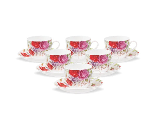 Cream Rose Cup & Saucer, 210ml, Set of 12 (6 Cups + 6 Saucers) (R405)