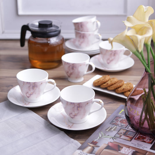 Diamond Blush Cup & Saucer, 210ml, Set of 12 (6 Cups + 6 Saucers)