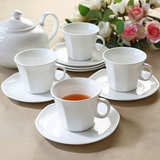 Clay Craft Basic Cup & Saucer Octa Big, Set of 12 (6 Cups + 6 Saucers), Plain White