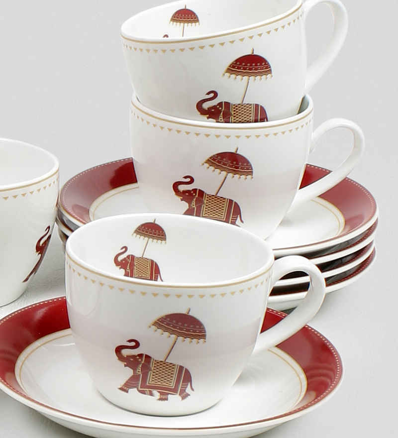 Cream Utsav Cup & Saucer, 210ml, Set of 12 (6 Cups + 6 Saucers)